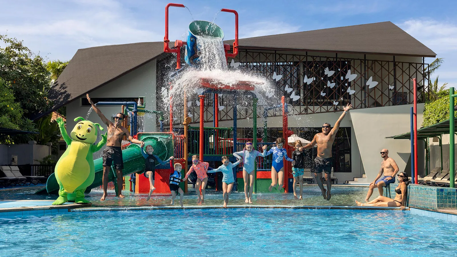 The Kids Water Fun Zone at Bali Dynasty Resort, with its play structure and water slides