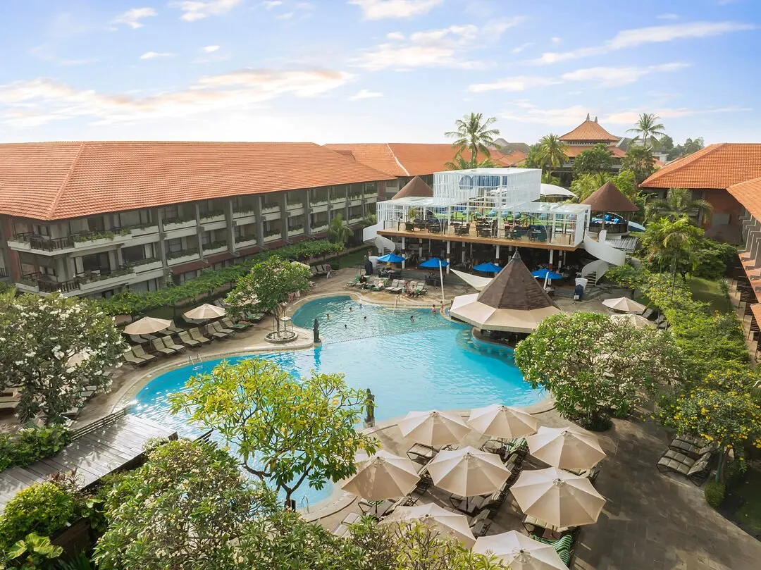 The 56-metre waterslide at Bali Dynasty Resort's Kids Water Fun Zone, viewed from above