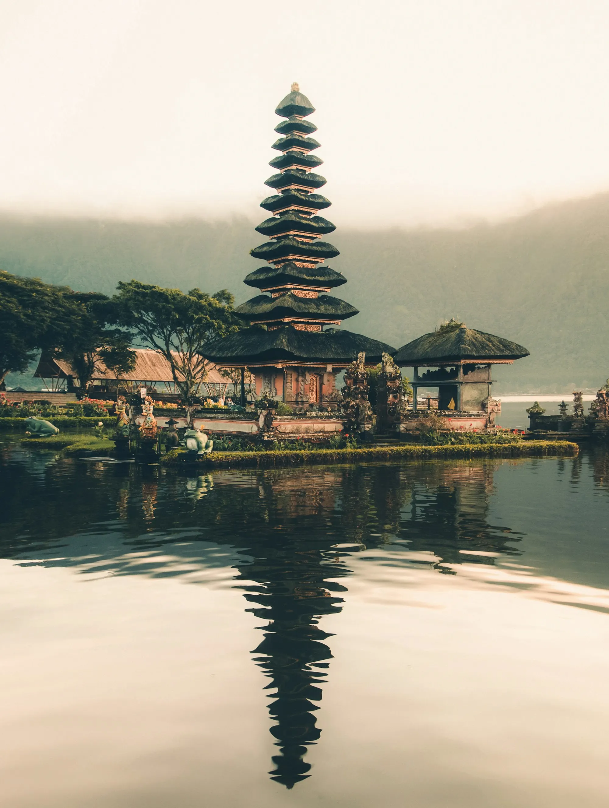 A colourful Balinese temple offering in woven palm leaf